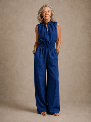 ZENAIDE | CAMEL WIDE-LEG JUMPSUIT WITH TIE HIGH NECKLINE