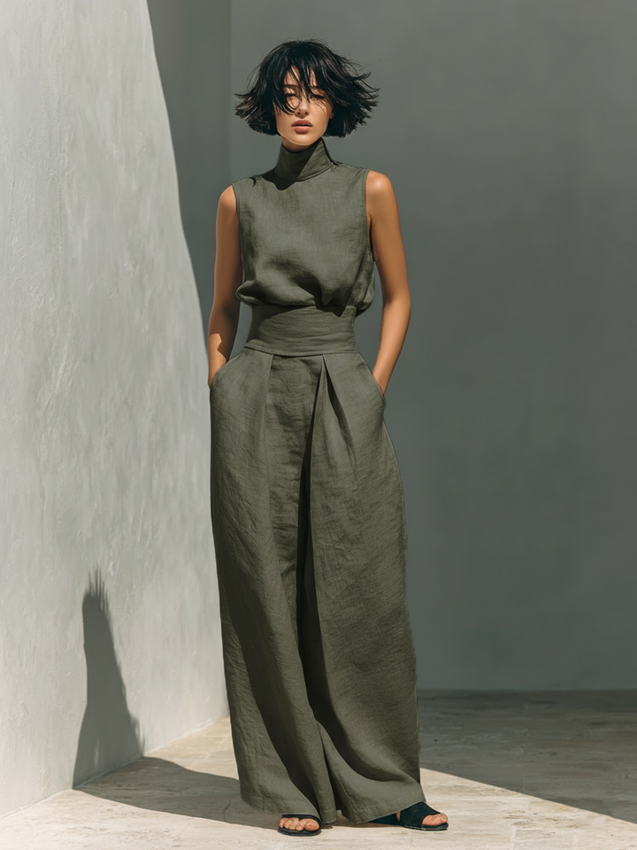 Maria | Elegant Linen And Cotton Blend Set With Tank top and Loose Trousers