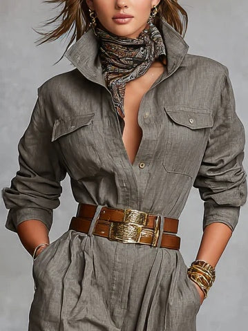 Cotton-Linen Long-Sleeve Jumpsuit