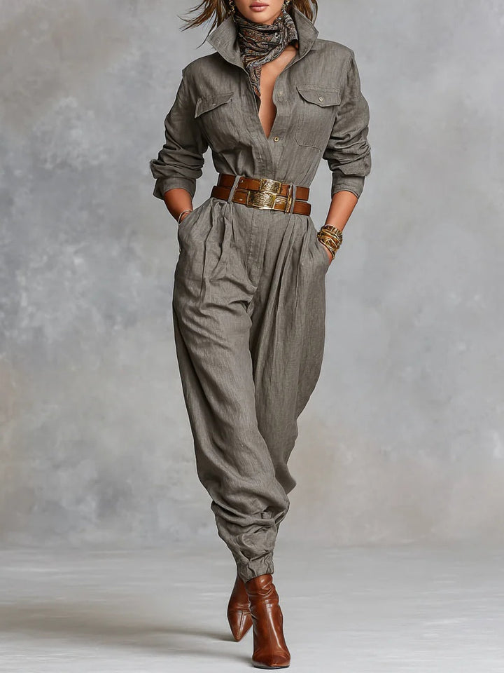 Cotton-Linen Long-Sleeve Jumpsuit