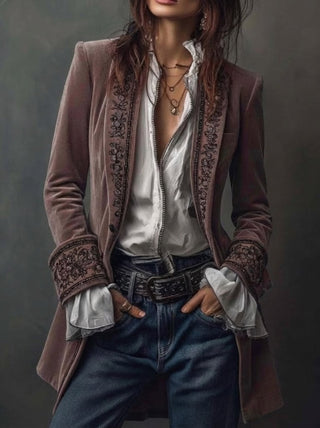 Erica | Long Vintage Velvet Jacket with Embroidery