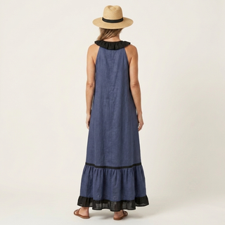 Mayline | Sleeveless Ruffle-Neck Contrast-Trim Maxi Dress