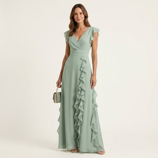 Nellyana | Wrap-Style V-Neck Flutter-Sleeve Cascading Ruffle Maxi Dress