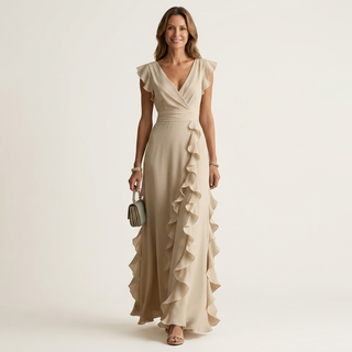 Nellyana | Wrap-Style V-Neck Flutter-Sleeve Cascading Ruffle Maxi Dress