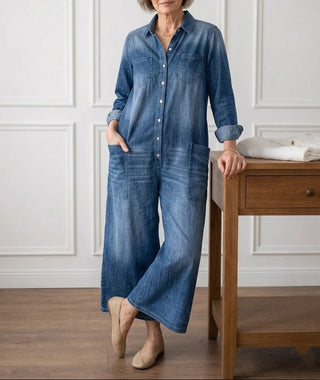 Diana | Vintage Washed Soft Cotton Denim Jumpsuit with Button Closure